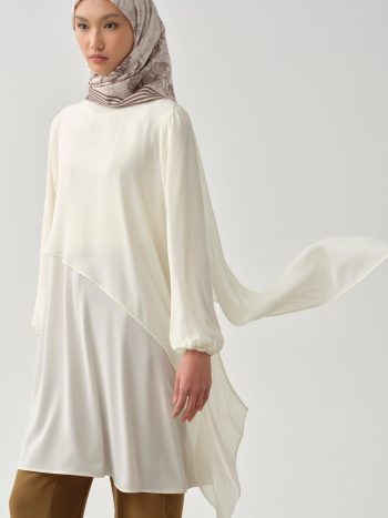 Chiffon Garnished Elastic Wrist Tunic - Ecru