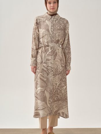 تونيك طويل مزخرف بحزام - لون المنك