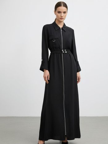 Kadın Fermuarlı Gömlek Yaka Belden Kemerli Uzun Elbise-12667 - BLACK