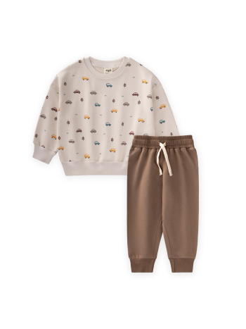 Araba Baskılı Sweatshirt Takım 1-5 Yaş Bej