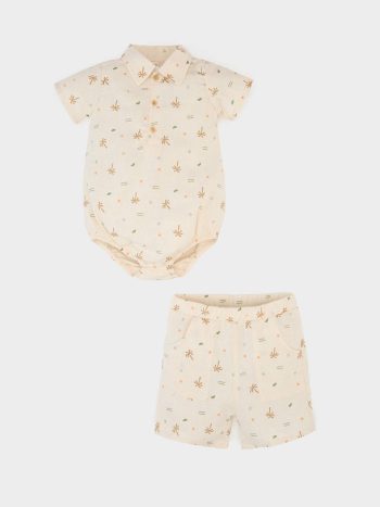 2'li Takım Palmiye Desenli Kısa Kollu Keten Çıtçıtlı Body Beli Lastikli Şort Erkek Bebek