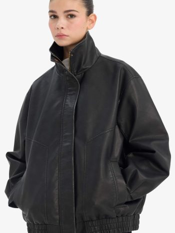 Siyah Kadın Dad Fıt Suni Deri Mont