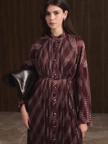 Dik Pili Saten Elbise - Bordo