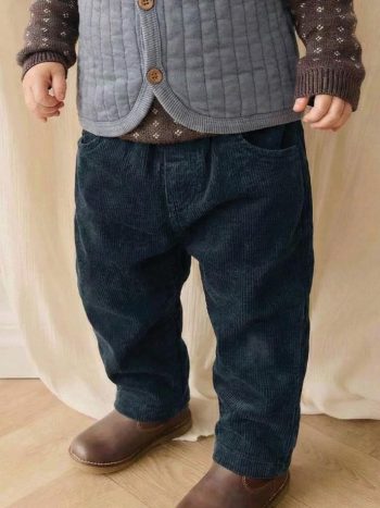 بنطلون مخمل مطرز للأعمار من 1 إلى 8 سنوات باللون الأزرق الداكن