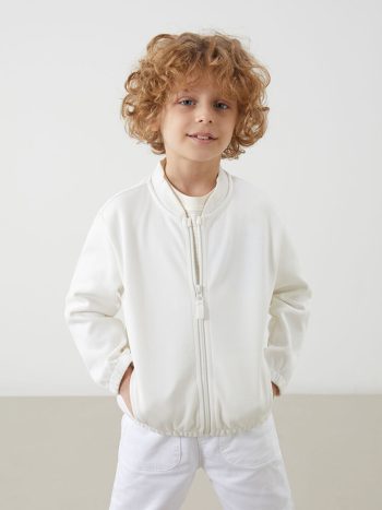 Ekru Basic Erkek Çocuk Fermuarlı Sweatshirt