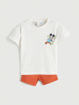 Bej Mickey Mouse Baskılı Erkek Bebek Tişört ve Şort 2'li