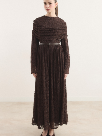 Omuz Volanlı Dantel Tül Elbise - Kahve