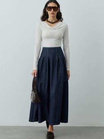 Pileli Maxi Denim Etek Lacivert