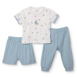 Bebetto Boys' T-Shirt and Footless Bottom Set, Marine Print, Palm in the Sea Design, Snaps, Bicycle Collar, Long Leg, Short Sleeve
