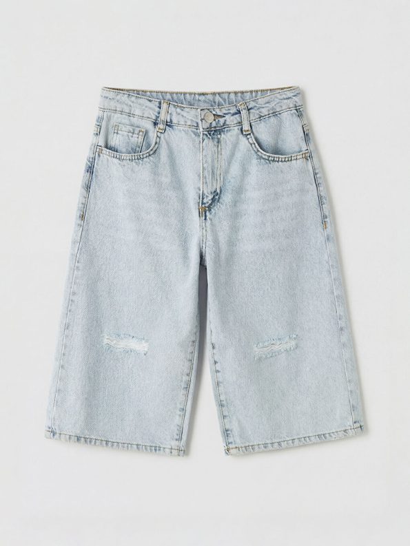 Mavi Yırtık Detaylı Kız Çocuk Şortolon