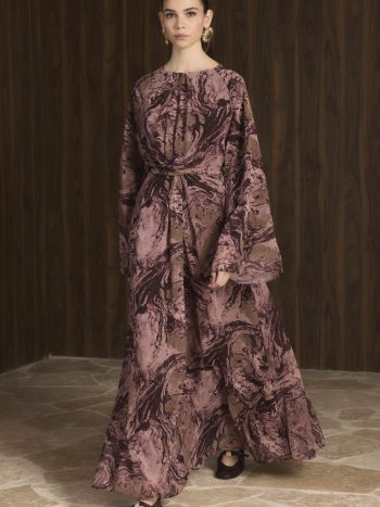 Misty Desenli Şifon Elbise - Bordo