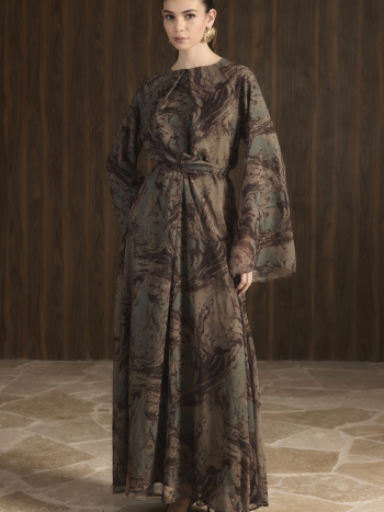 Misty Desenli Şifon Elbise - Kahverengi