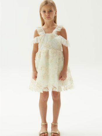 Tyess Kız Çocuk Ekru Tüllü Abiye Elbise