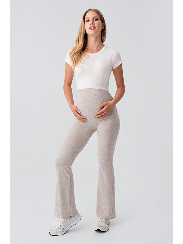 Bej Ayarlanabilir Yüksek Bel Esnek Yumuşak Dokulu Viskoz Karışımlı Hamile Pantolonu HP02