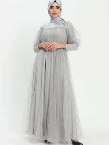 4121 Sequin Detail Tulle Evening Dress