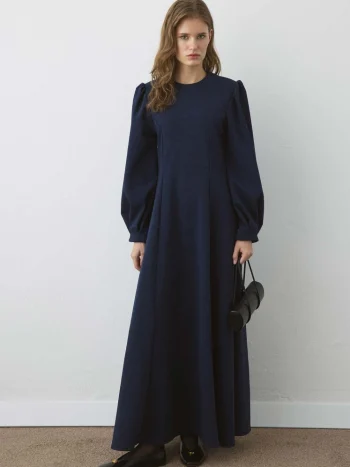 Premium Belden Oturma Detaylı Lacivert Elbise