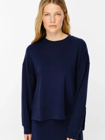 Navy Blue Compact Sweatshirt with Side Slits