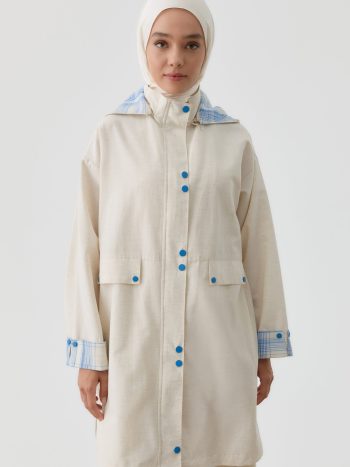 Snap Button Detailed Coat with Plaid Combo - Beige - Indigo