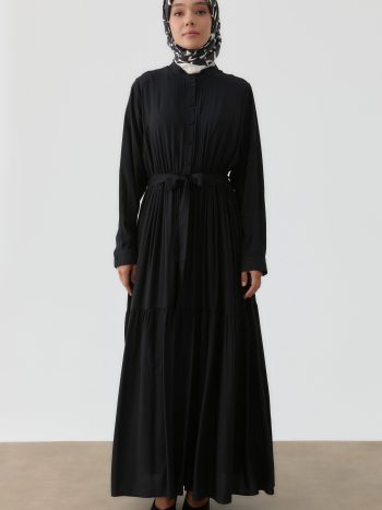 Ribbed Waist Elastic Dress - Black