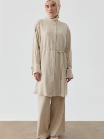 Pileli Keten Pantolon - Bej