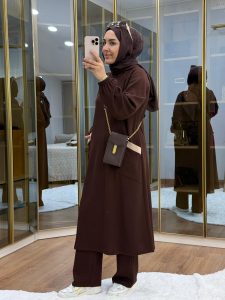 Burgu Kumaş Garnili Takım Kahverengi - Görsel 2