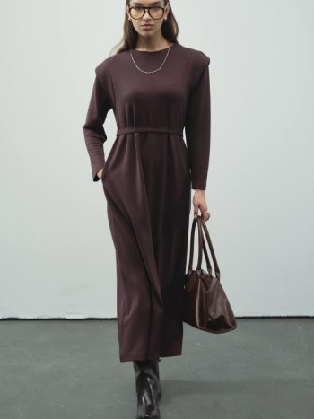 Aller Detailed Compact Cotton Coffee Dress