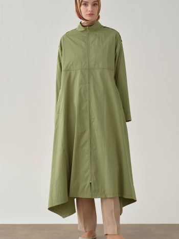 Asymmetric Cut Low Sleeve Raincoat - Olive