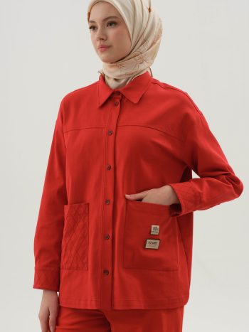 Pocket Shirt with Diamond Stitch Detail - Coral