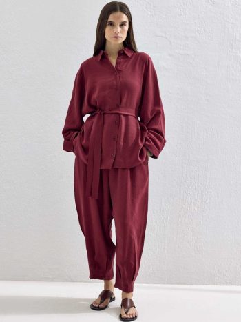 Basic Oversize Bordo Pantolon Takım