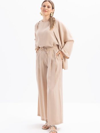 Bej-Beli Lastikli Palazzo Modal Pantolon