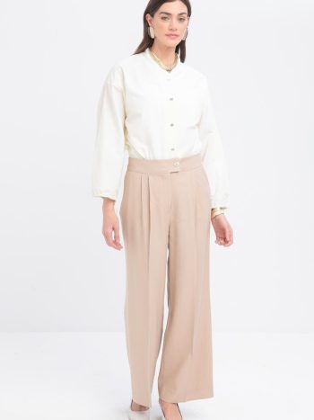 Beige Pleated Wide Leg Trousers