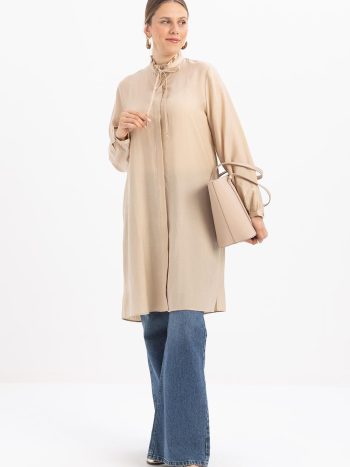 Beige Ruffled Collar Lace-Up Long Shirt