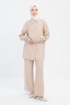 Beige Chain Embroidered Elastic Sleeve Modal Shirt Tunic