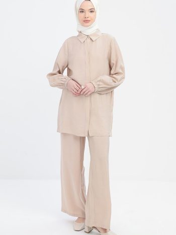 Beige Chain Embroidered Elastic Sleeve Modal Shirt Tunic