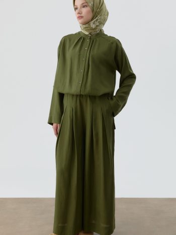 Pleated Detail Trousers with Elastic Waistband - Khaki