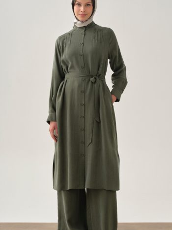 Khaki Elastic Waist Pants with Drawstring Detail