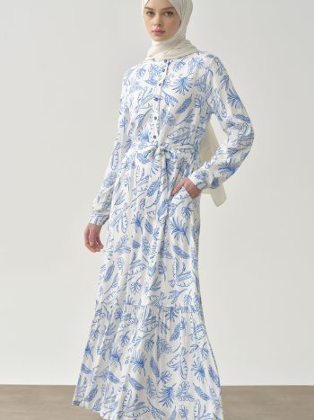 Blue Patterned Dress with Belt