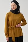 Belted Waist Crew Neck Blouse - Mustard