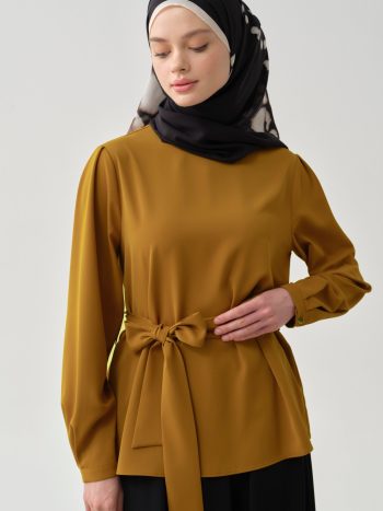 Belted Waist Crew Neck Blouse - Mustard