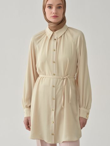 تونيك مزدوج الطبقات بحزام - لون الحجر