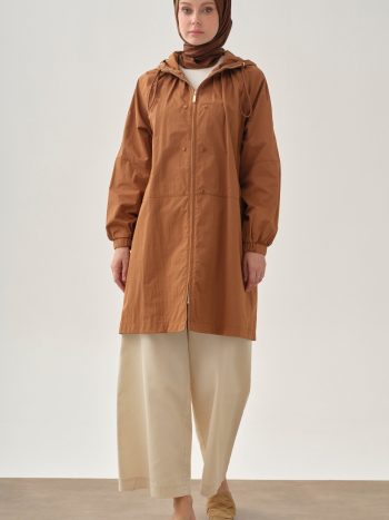 Drawstring Zippered Raincoat - Coffee