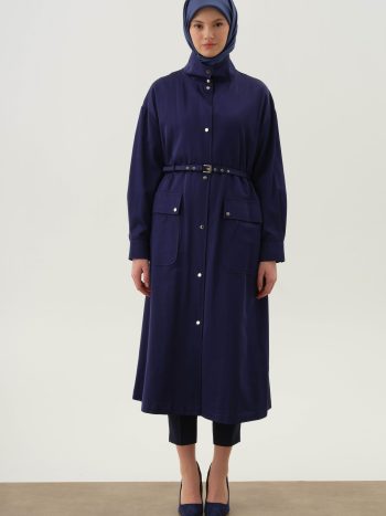 High-Collar Belted Coat - Indigo