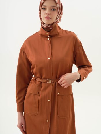 Cinnamon Belted Coat with Stand Collar
