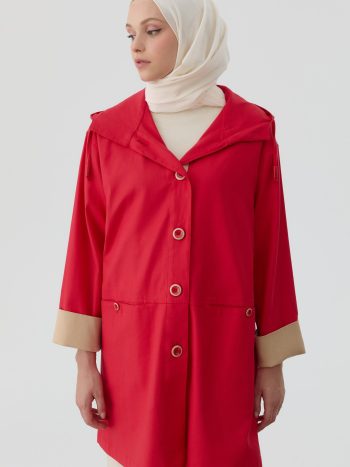 Button Detailed Combined Coat - Red