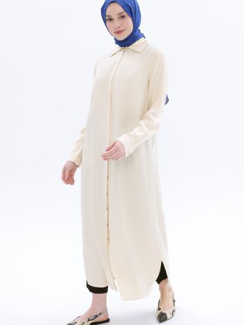 Ecru-Hidden Placket Long Shirt Tunic