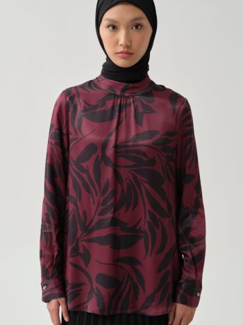 Floral Desen Viskon Bluz - Mürdüm