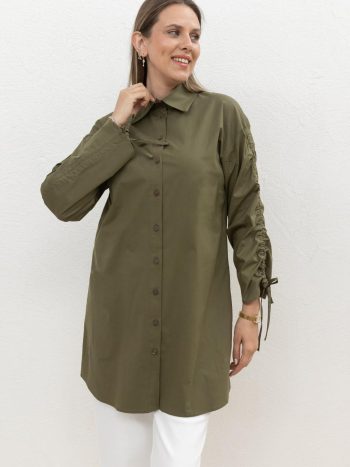 Haki Drawstring Sleeve Pocket Shirt