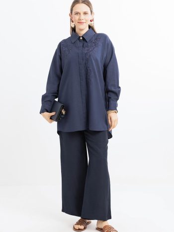 Indigo-Embroidered Linen Shirt