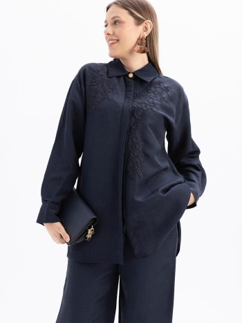 Indigo-Embroidered Linen Shirt Tunic