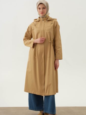 Hooded Coat with Pocket Details - Camel
